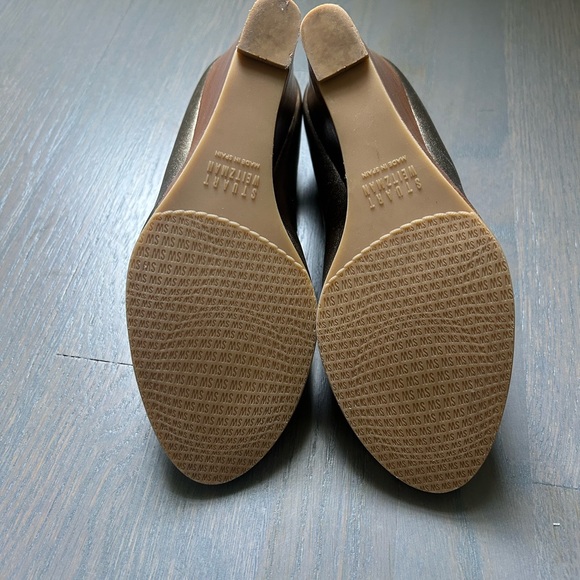Stuart Weitzman Lille Metallic Gold Peep Toe Wedges Wood Stacked Heel - Picture 6 of 8